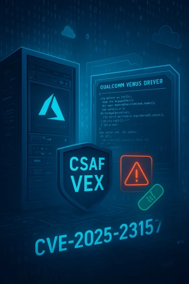 Cybersecurity scene with a server rack, code display, and a CVE-2025-23157 warning.