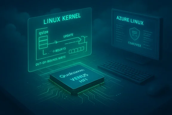 Glowing holographic diagram shows Linux kernel update flow near a Qualcomm VENUS HF1 chip.