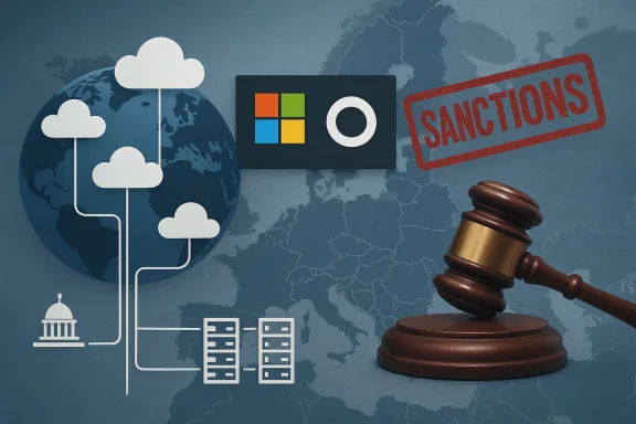 Global tech sanctions threaten cloud infrastructure, with Windows logo and a gavel.