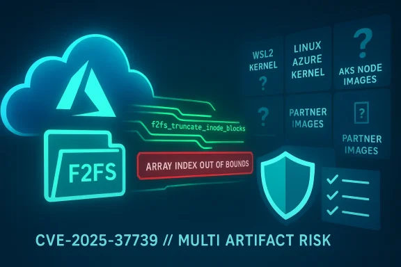 Cybersecurity infographic on CVE-2025-37739 and F2FS array index out of bounds risk.