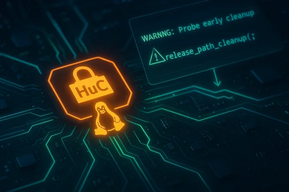 Orange lock icon with a Linux penguin on a circuit-board backdrop beside a warning message.