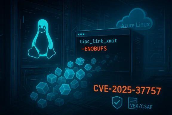 Blue data-center scene with Linux Tux, Azure Linux cloud, and a CVE-2025-37757 alert.
