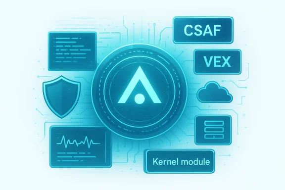 Futuristic tech infographic with a central A symbol and labels like Kernel module, CSAF, VEX, cloud, shield.