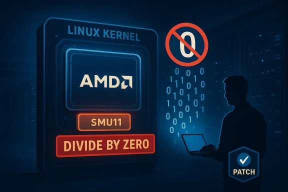 Blue-toned illustration of an AMD Linux kernel chip labeled SMU11 with 'Divide by zero' and a patching figure.