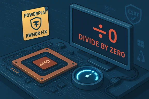 AMD CPU on a motherboard with a monitor reading Divide by Zero and a PowerPlay HWMR Fix badge.