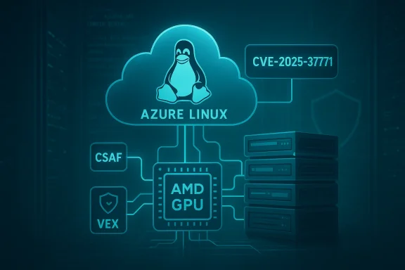 Azure Linux cloud diagram with a penguin logo, AMD GPU, servers, and CVE-2025-37771.