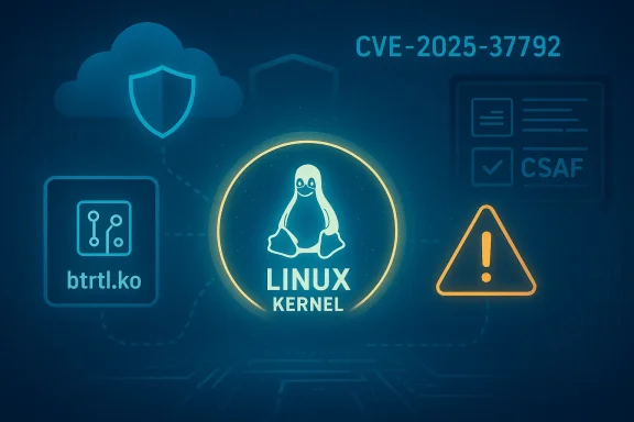 Illustration of Linux kernel security with CVE-2025-37792 and warning icons.