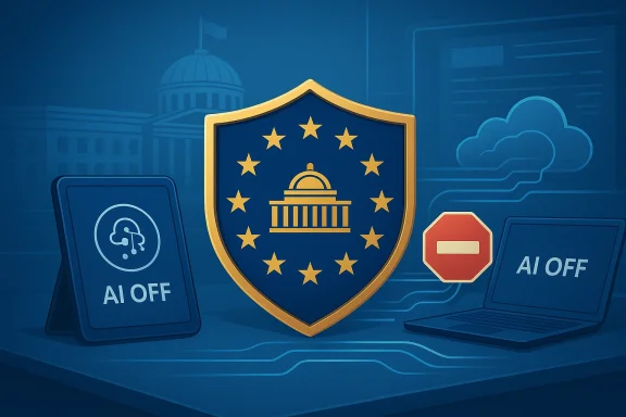 EU-style blue shield with Capitol dome and twelve stars, flanked by AI OFF tablet and laptop.