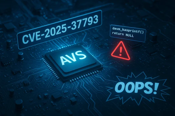 AVS chip on a circuit board with CVE-2025-37793 warning and an OOPS! alert.