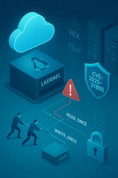 Linux kernel CVE-2025-37800 vulnerability shown with read_once/write_once and a security shield.
