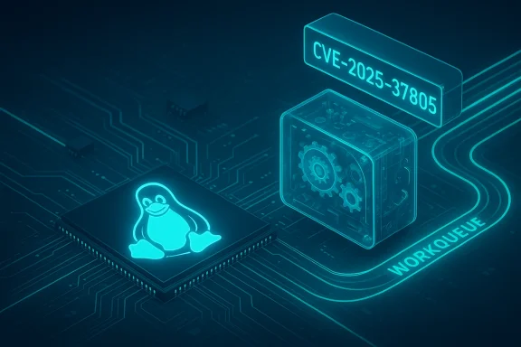 Futuristic circuit board with a Linux penguin chip and a translucent gear cube marked CVE-2025-37805.