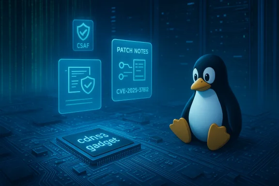 Tux the penguin sits beside holographic patch notes and security shields on a server motherboard.
