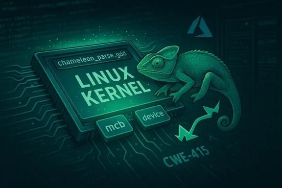 A chameleon perched on a Linux kernel chip amid a neon circuit background.