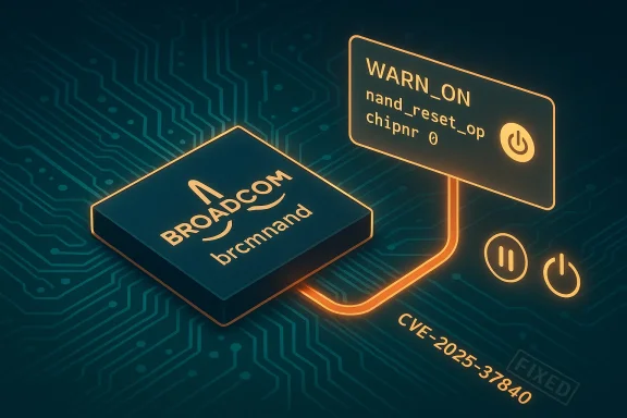 Neon circuit-board illustration of a Broadcom chip with a CVE-2025-37840 warning.