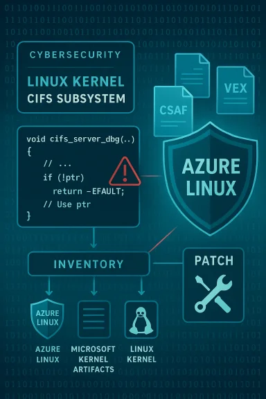 Cybersecurity schematic of Azure Linux showing the kernel, artifacts, inventory, and patch flow.