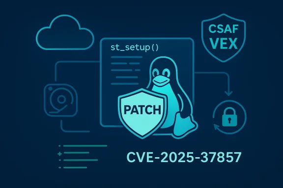 Patch for CVE-2025-37857 in a Linux security illustration featuring a penguin and shield icons.