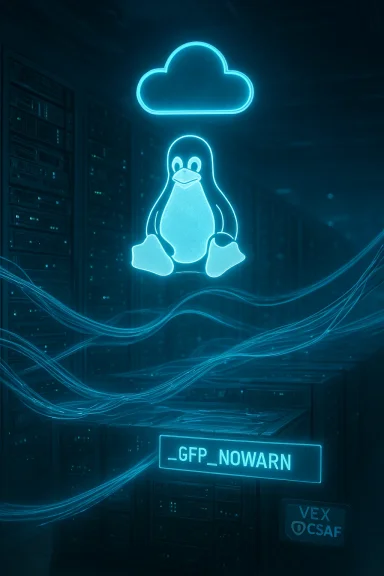 A neon blue Linux penguin sits beneath a glowing cloud in a data center.