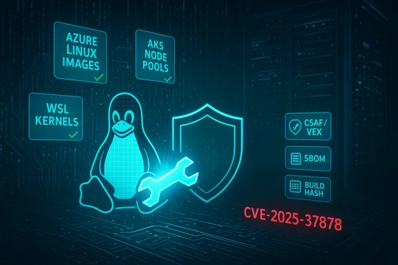 Neon Linux penguin with a wrench and shield amid security labels and CVE-2025-37878.