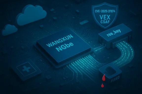 Blue circuit board with a WANGXUN NGBe chip, rss_key module, and a VEX CSAF shield.