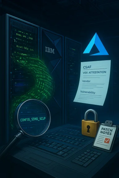 A secure data center scene with IBM servers, glowing code, a magnifying glass, a padlock, and patch notes.