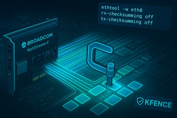 Futuristic circuit board with a Broadcom NetXtreme-E NIC, a code snippet, and a KFENCE badge.