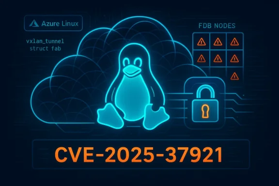 Neon blue Linux penguin beside a cloud and padlock, highlighting CVE-2025-37921.