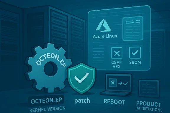 Azure Linux data center illustration featuring patch, reboot, and product attestations.
