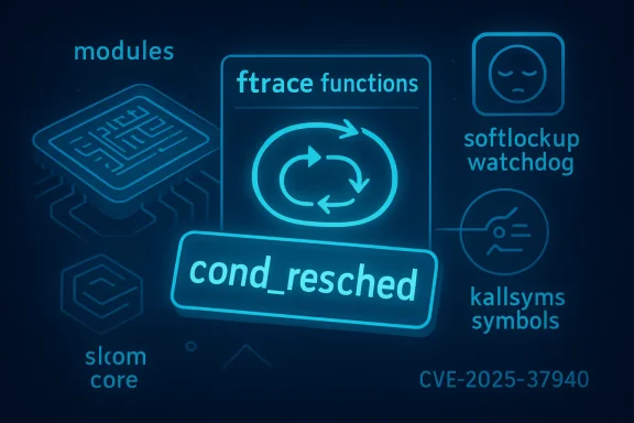 Blue schematic of Linux kernel modules and functions, highlighting cond_resched, ftrace, and watchdog.