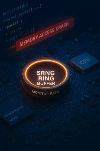 Glowing 'SRNG RING BUFFER' indicator on a circuit board, with a memory access crash warning.
