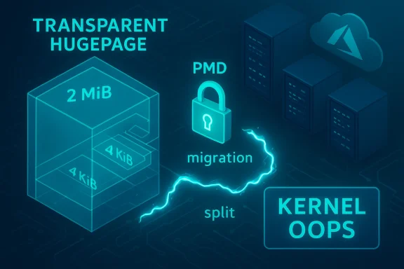 Neon diagram of Linux memory management showing Transparent HugePage (2 MiB/4 KiB blocks), PMD migration, and a kernel OOPS.