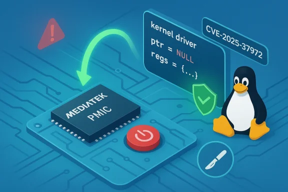 Linux penguin beside a Mediatek PMIC chip highlighting a kernel driver vulnerability (CVE-2025-37972).
