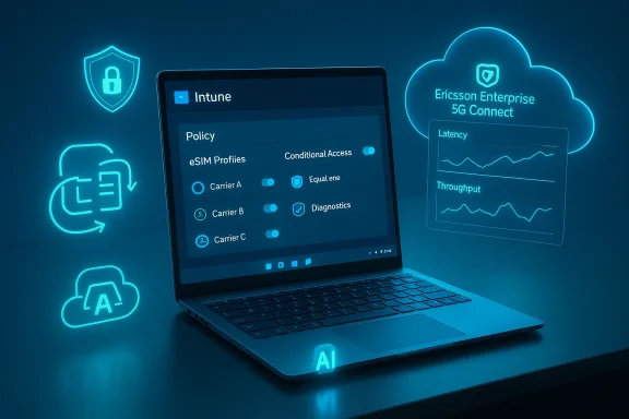 Laptop displays Intune policy UI amid neon cloud and 5G-connectivity icons. Laptop displays Intune policy UI amid neon cloud and 5G-connectivity icons.