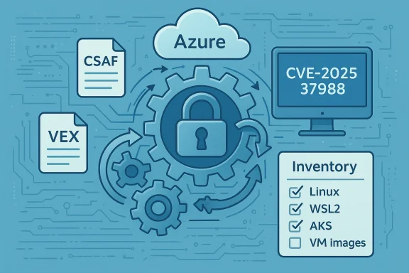 Azure security diagram with CSAF, VEX, CVE-2025 alert, and a central lock.