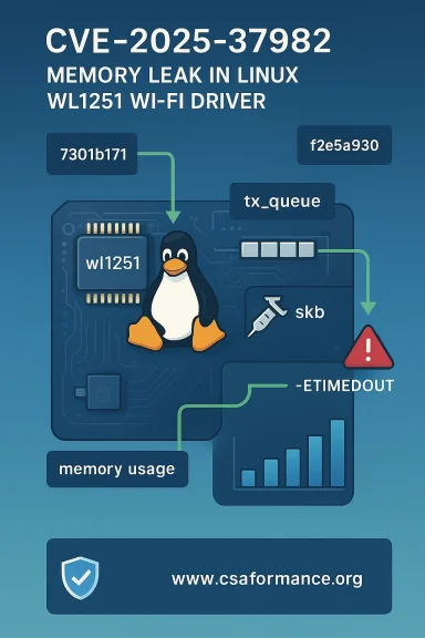CVE-2025-37982: memory leak in Linux WL1251 Wi-Fi driver (Tux diagram).
