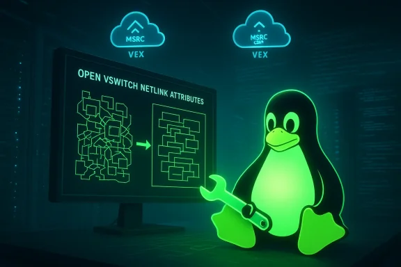 Neon-lit Linux penguin with a wrench, configuring Open vSwitch netlink attributes on a monitor.