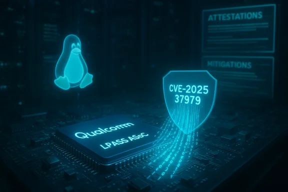 Blue neon circuit board with a Qualcomm chip, a penguin logo, and a CVE-2025 37979 shield.