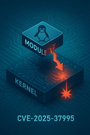 Illustration of a Linux kernel module exploit (CVE-2025-37995) breaching the kernel.