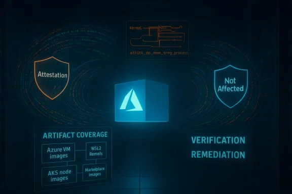 Futuristic cybersecurity dashboard showing an Azure cube, Attestation shield, and Not Affected shield.