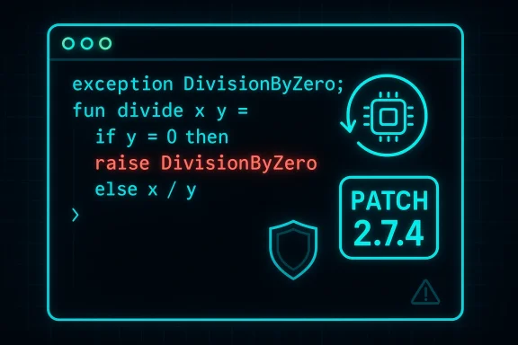 Neon code panel shows a DivisionByZero exception and Patch 2.7.4.