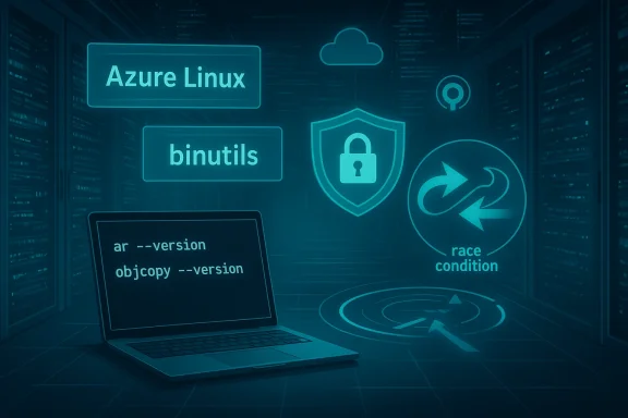 Futuristic data center with a laptop showing code and icons for Azure Linux, binutils, security, and race condition.