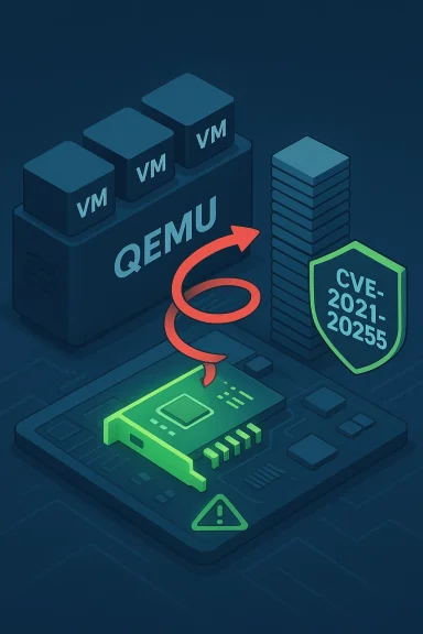 QEMU virtualization stack with a CVE-2021-2025 shield next to a PCIe card.