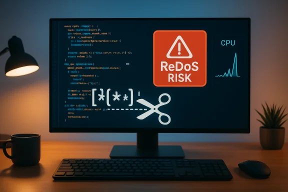 Computer screen displays code, a ReDOS RISK warning, a scissors icon, and a CPU graph.