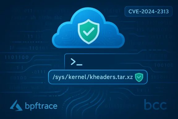 Blue cybersecurity illustration of a cloud shield with Linux kernel headers tarball and CVE-2024-2313.