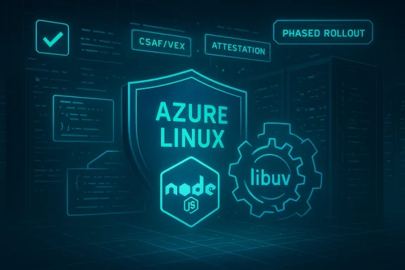 Neon blue Azure Linux shield with Node.js and libuv icons in a futuristic data-center scene.