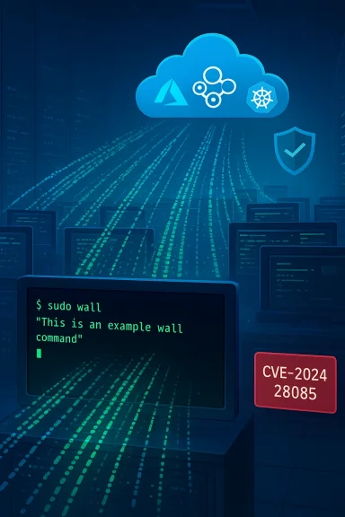 Data center scene with cloud icons, code on screens, and a CVE-2024-28085 alert.