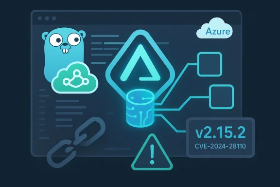 Tech illustration showing Azure cloud, Go gopher, a database, and a CVE security alert (v2.15.2).
