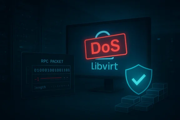 A glowing DoS Libvirt display on a monitor, with a shield and stacked blocks in a dark data center.