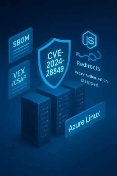 Blue neon data center graphic with a CVE-2024-28849 shield among servers and tech logos.