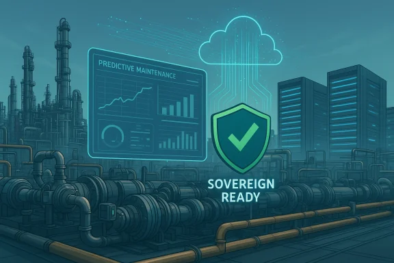 Industrial plant with predictive maintenance dashboard and sovereign-ready shield icon.