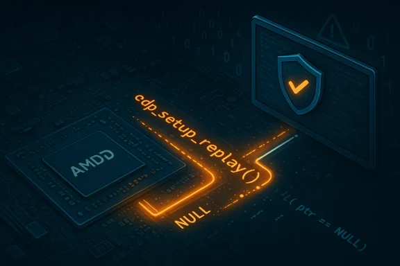 Orange-glow code path flows over a motherboard with an AMD chip and a security shield.